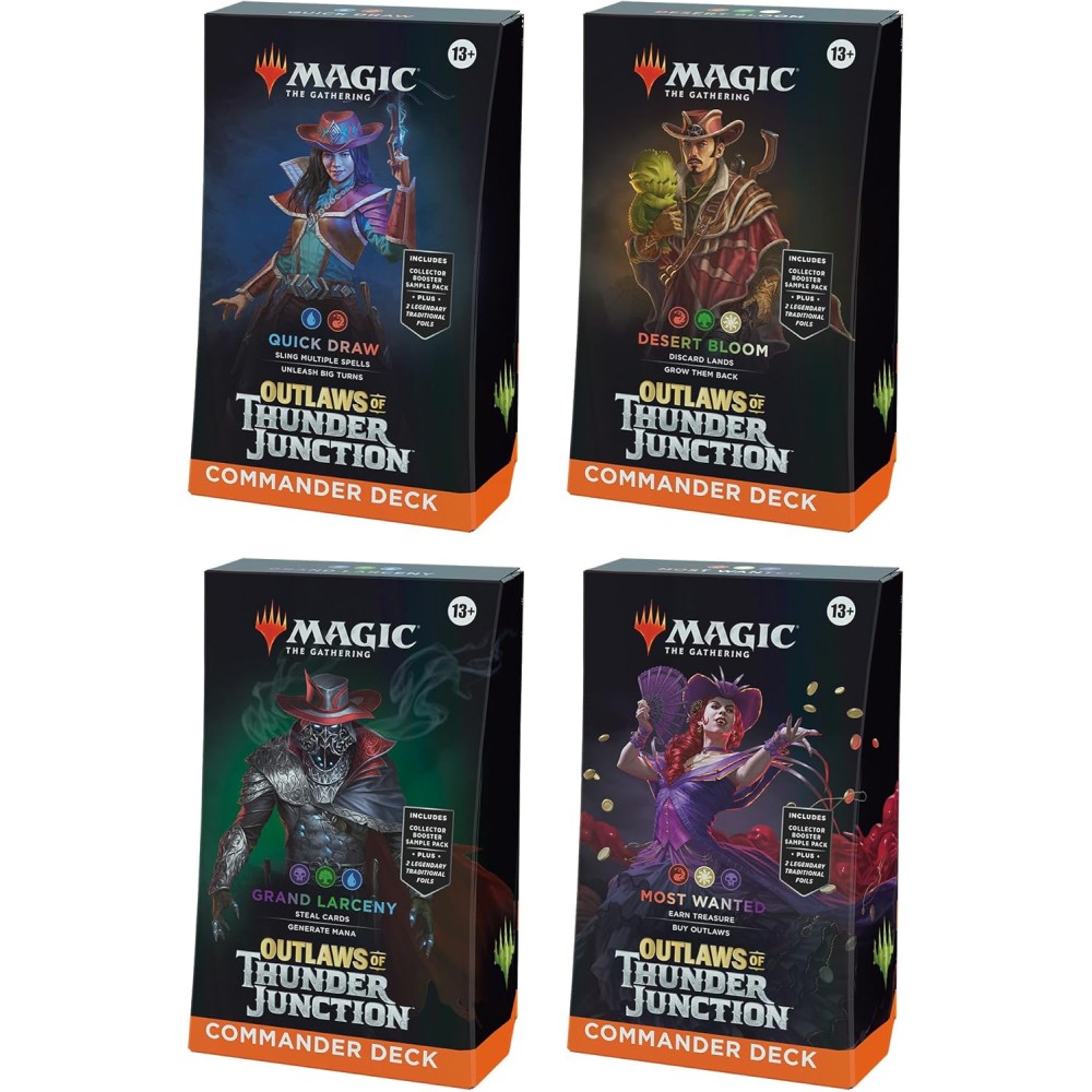 Magic The Gathering Outlaws of Thunder Junction Commander Deck Bundle - Includes All 4 Decks (Quick Draw, Desert Bloom, Grand Larceny, and Most Wanted)